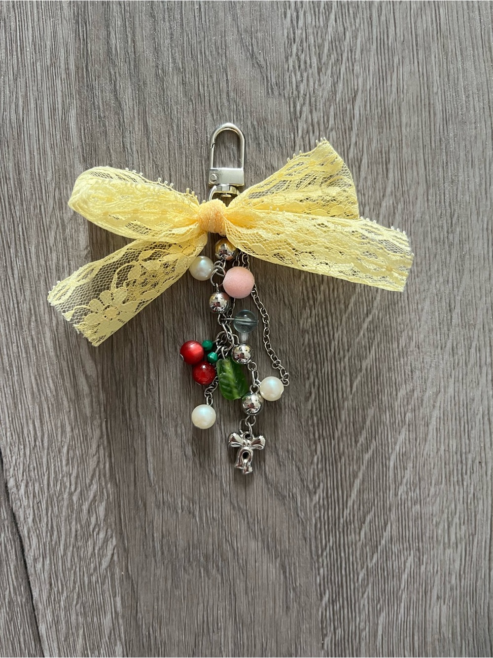 Yellow Lace Bow Keychain Charm with Beads